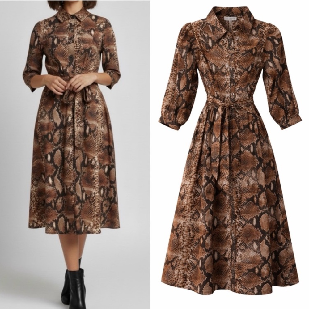 Caroline Constas Snake Brown Reptile Print 100% Cotton Button Front Belted Dress